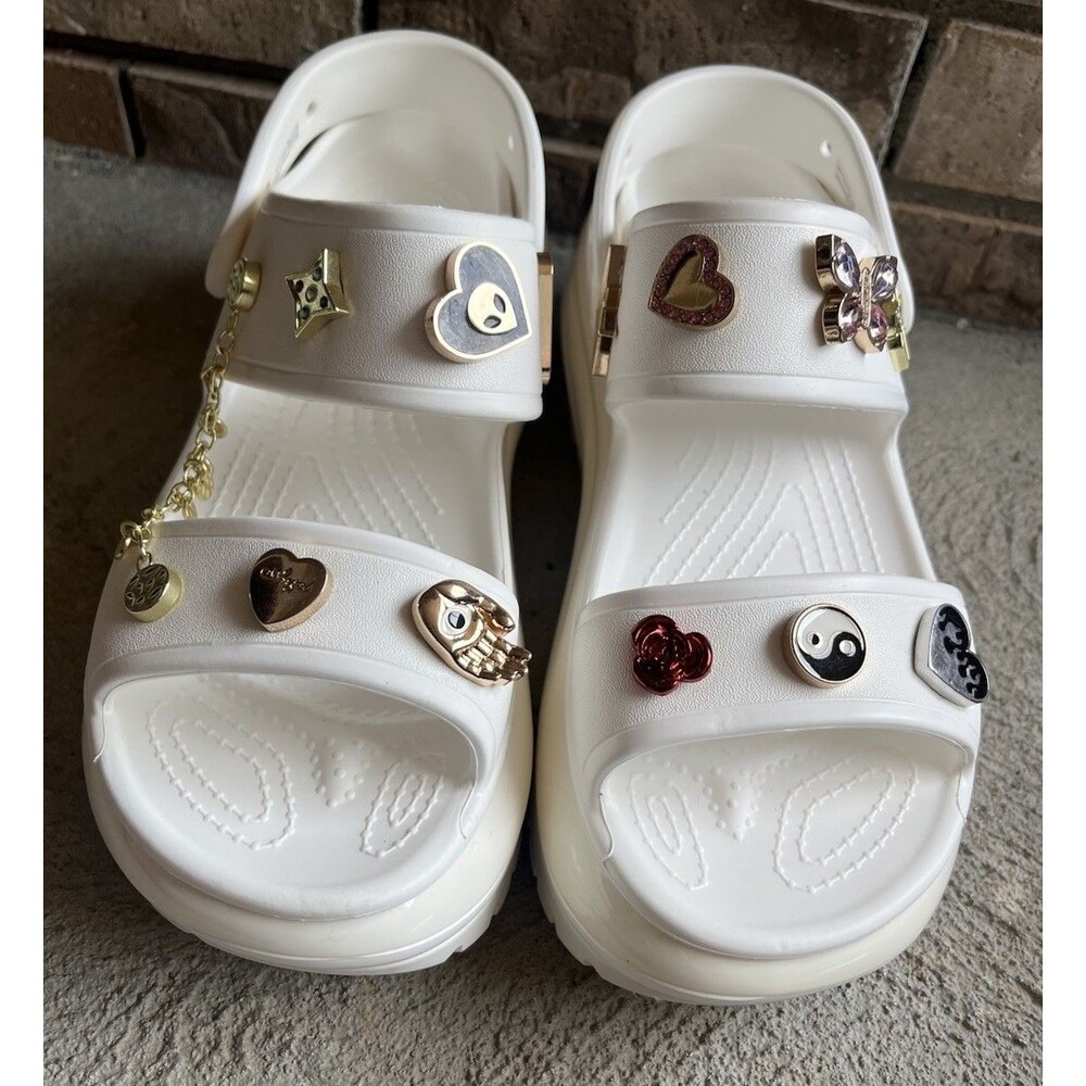 Crocs Mega Crush Women's 9 Men's 7 Platform Sandals - White w/ Jibbitz Charms - Picture 3 of 16